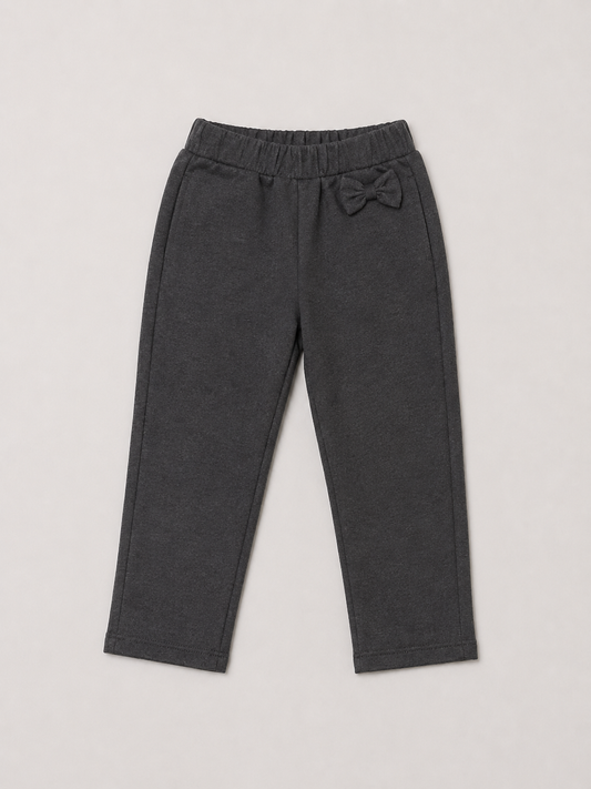 Girls’ Organic Cotton Pull-On School Trousers with Detachable Bow – Grey