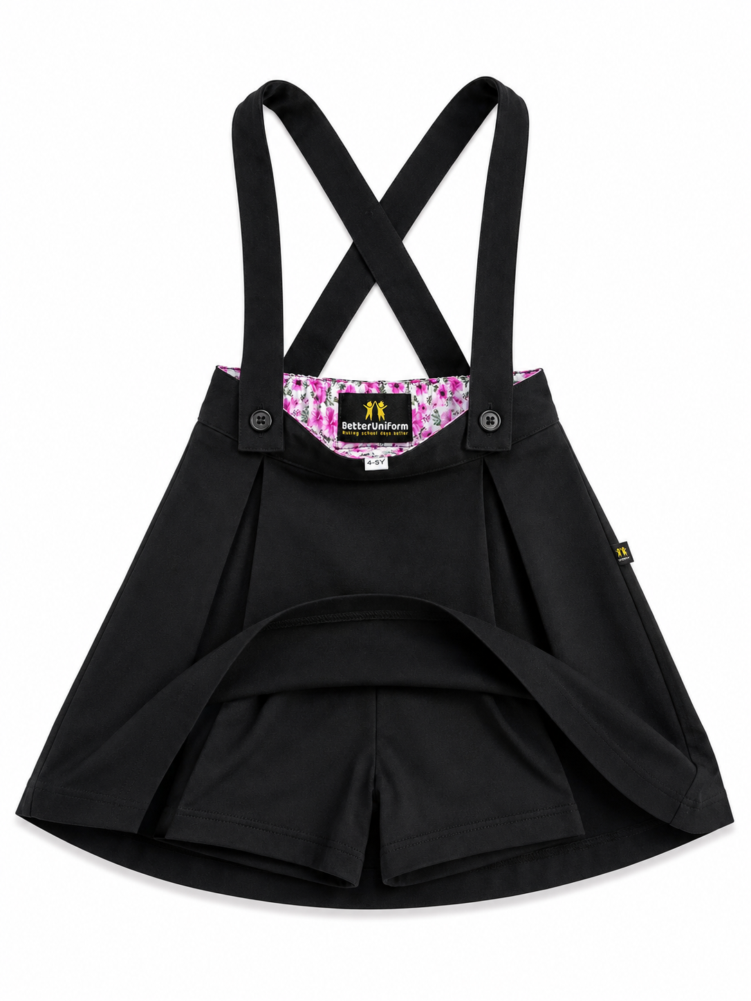Girls’ Cotton School Skirt with Built-in Shorts & Detachable Straps – Black