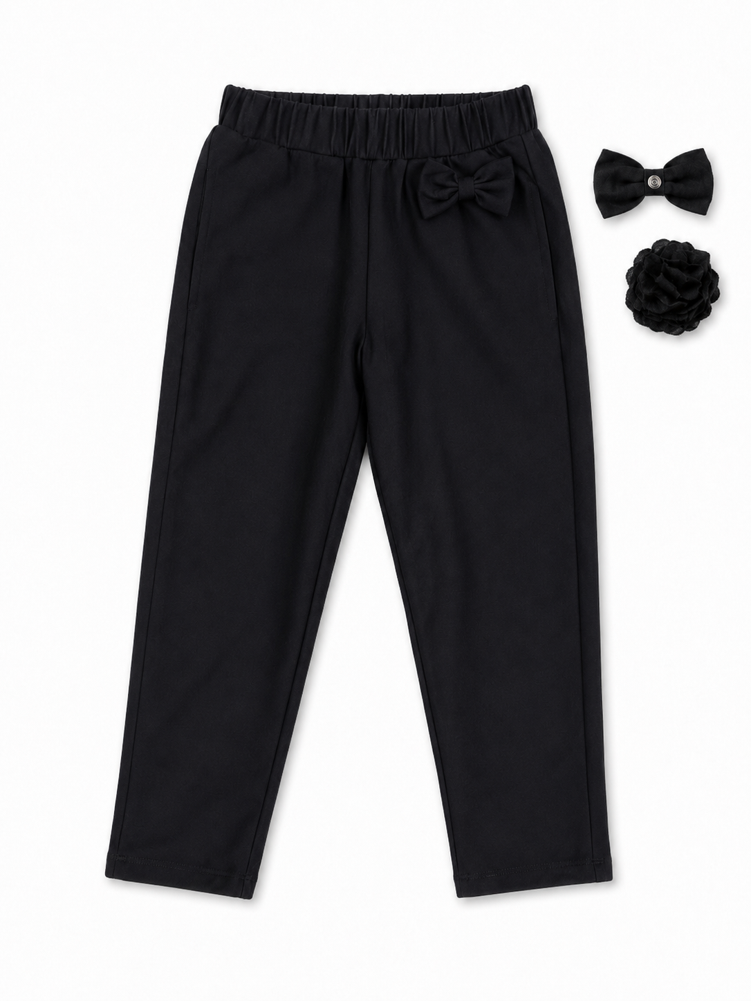 Girls’ Organic Cotton Pull-On School Trousers With Detachable Bow – Black