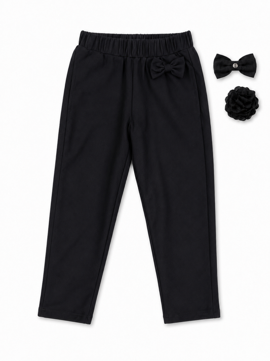 Girls’ Organic Cotton Pull-On School Trousers With Detachable Bow – Black