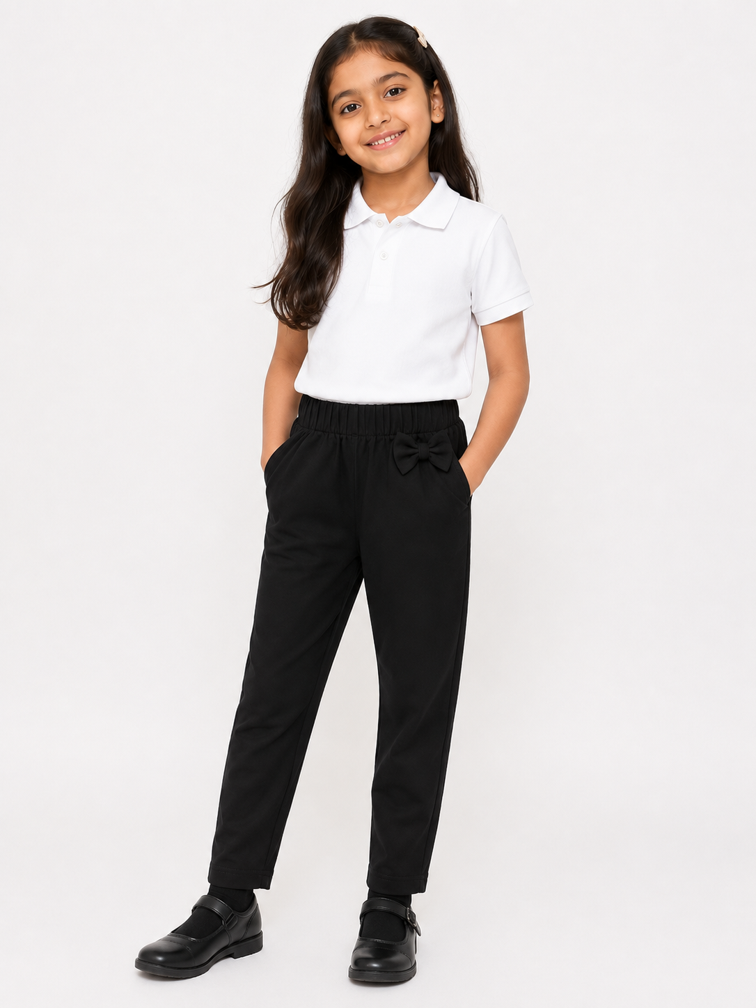 Girls’ Organic Cotton Pull-On School Trousers With Detachable Bow – Black