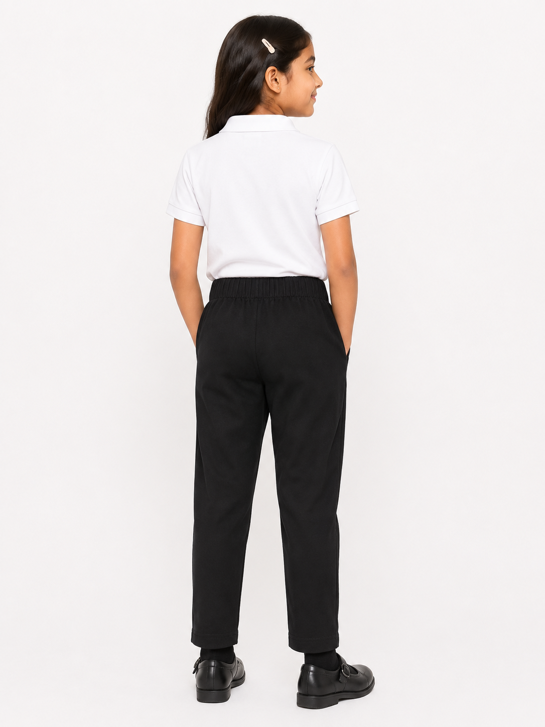 Girls’ Organic Cotton Pull-On School Trousers With Detachable Bow – Black