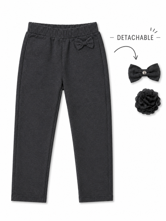 Girls’ Organic Cotton Pull-On School Trousers with Detachable Bow – Grey